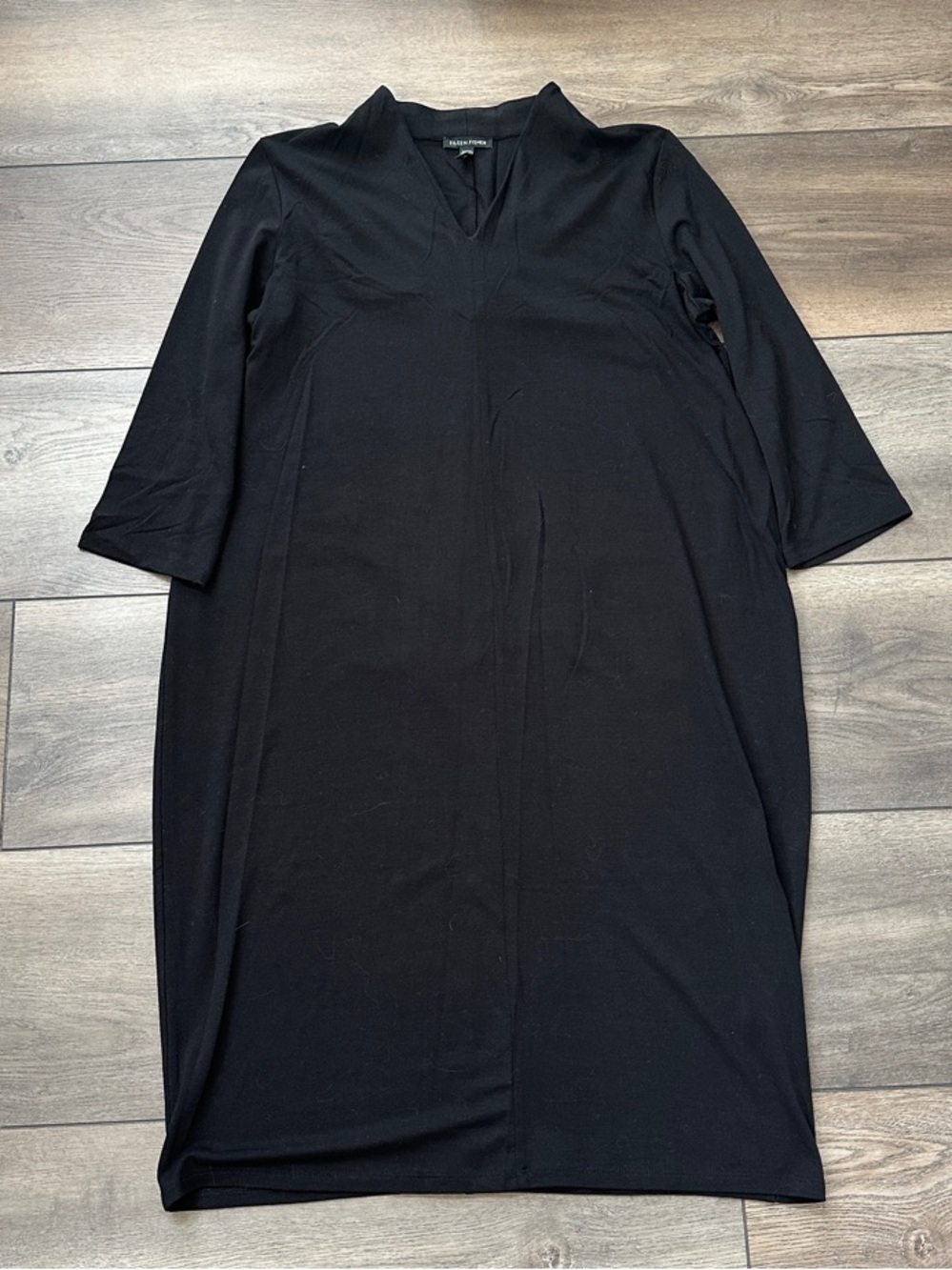 Eileen Fisher Black V-Neck 3/4 Sleeve Midi Dress - Size PM